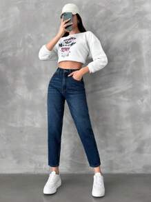 EURMUSE High Waist Mom Fit Jeans - Dark Wash - View 4