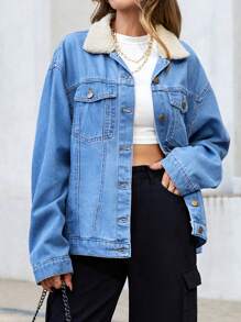 EURMUSE Borg Collar Drop Shoulder Denim Jacket - Blue - View 1