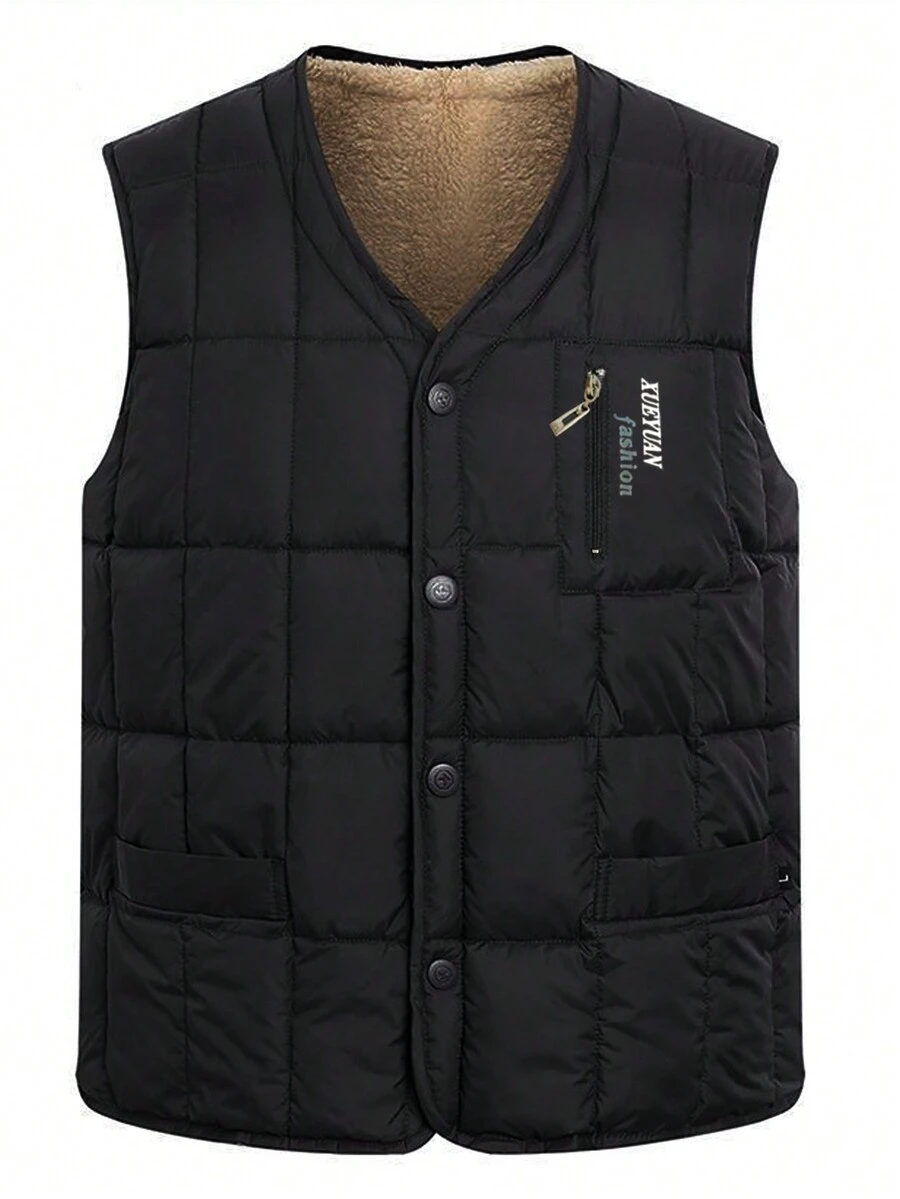 男士字母图案保暖背心加厚外套，保暖 - 黑色 - 查看 1