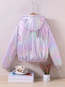 SHEIN 青少年女孩拉鍊連帽毛絨內裡全息夾克 秋季 - 彩色 - 查看 2