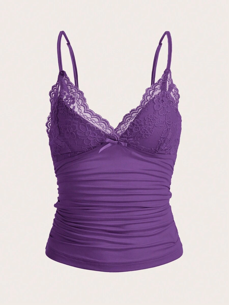 SHEIN ICON 蕾絲拼接褶邊吊帶上衣 - 紫色 - 查看 1