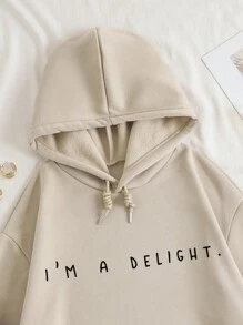INAWLY Slogan Graphic Kangaroo Pocket Drop Shoulder Drawstring Hoodie,Long Sleeve Tops