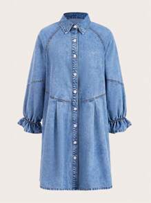 SHEIN MOD 插肩袖前紐扣牛仔洋裝 - 中等水洗藍 - 查看 1