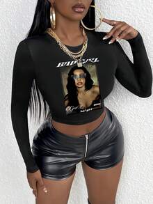 Slaydiva BAD GIRL黑色人像&字母圖案圓領修身長袖女T恤 - 黑色 - 查看 6