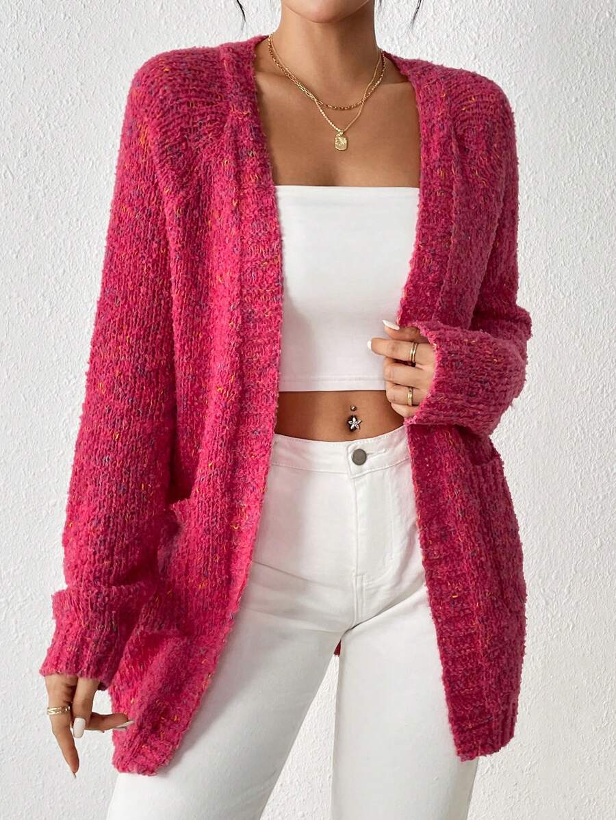 SHEIN Essnce Space Dye Raglan Sleeve Cardigan - Hot Pink - View 1