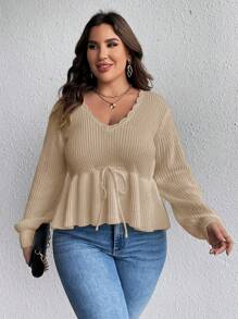 SHEIN Clasi Plus Brzeg Scallop Rękaw latarnia Kokarda z przodu Długa Szata Bez Rękawów Swetry