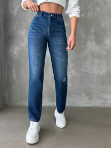 RueChic Zipper Fly Ripped Straight Leg Jeans - Blue - View 3