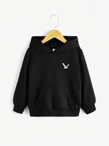 SHEIN 小男孩鸟刺绣袋鼠口袋卫衣 - 黑色 - 查看 1