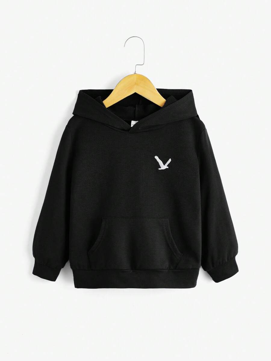 SHEIN 小男孩鸟刺绣袋鼠口袋卫衣 - 黑色 - 查看 1