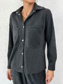 SHEIN Essnce Drop Shoulder Pocket Patched Shirt & Sweatpants - Dark Grey - View 4