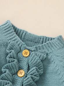 Bebé niña ribete con fruncido de manga raglán con botón delantero Mono suéter & Sombrero - Verde - Ver 3