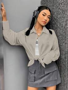 SHEIN EZwear 落肩袖口袋貼布落肩袖襯衫 - 杏色 - 查看 4