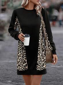 SHEIN LUNE Contrast Leopard Print Sweatshirt Dress Pullover Fall Outfit - Black - View 4