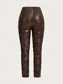 SHEIN BAE 褶飾 PU 皮革疊層長褲 - 咖啡棕 - 查看 8