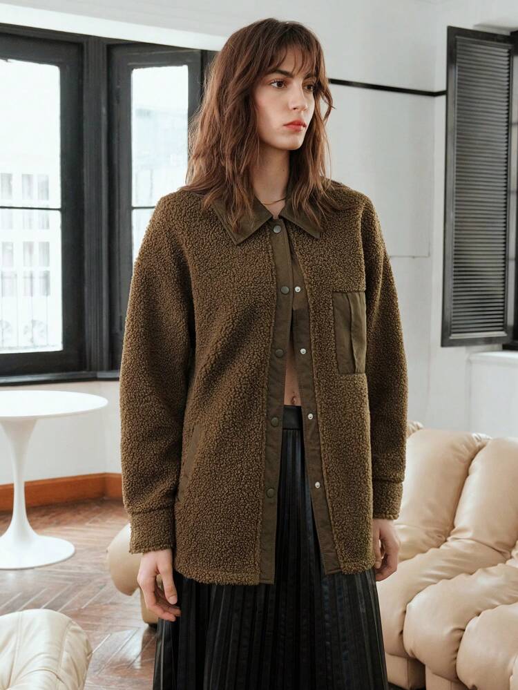 Teddy Fleece Drop Shoulder Coat Fall Cloth For Women