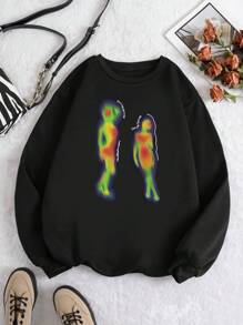 SHEIN EZwear Plus Figure Graphic Thermal Lined Sweatshirt - Black - View 1