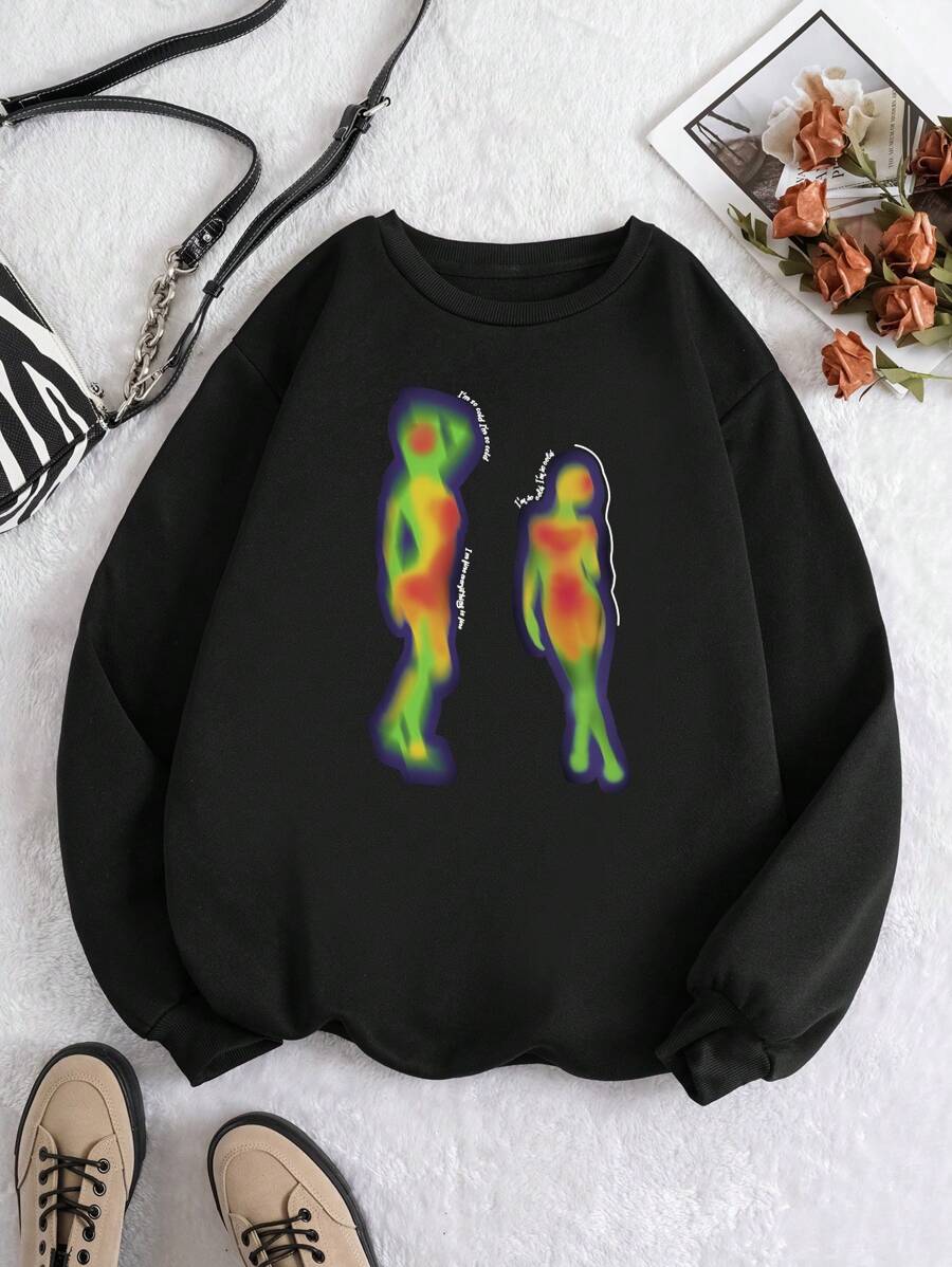 SHEIN EZwear Plus Figure Graphic Thermal Lined Sweatshirt - Black - View 1