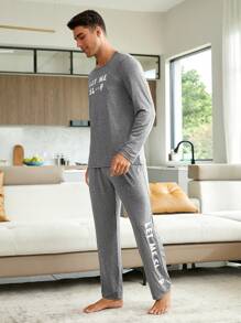 Men Slogan Graphic PJ Set / Pajama Set - Grey - View 5