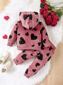SHEIN Playful Pals 女嬰愛心圖案毛絨帽衫和褲子 - 藕粉色 - 查看 2