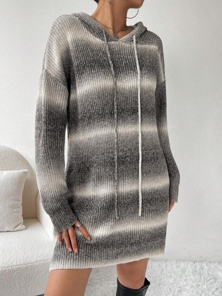Ombre Drop Shoulder Drawstring Hooded Sweater Dress