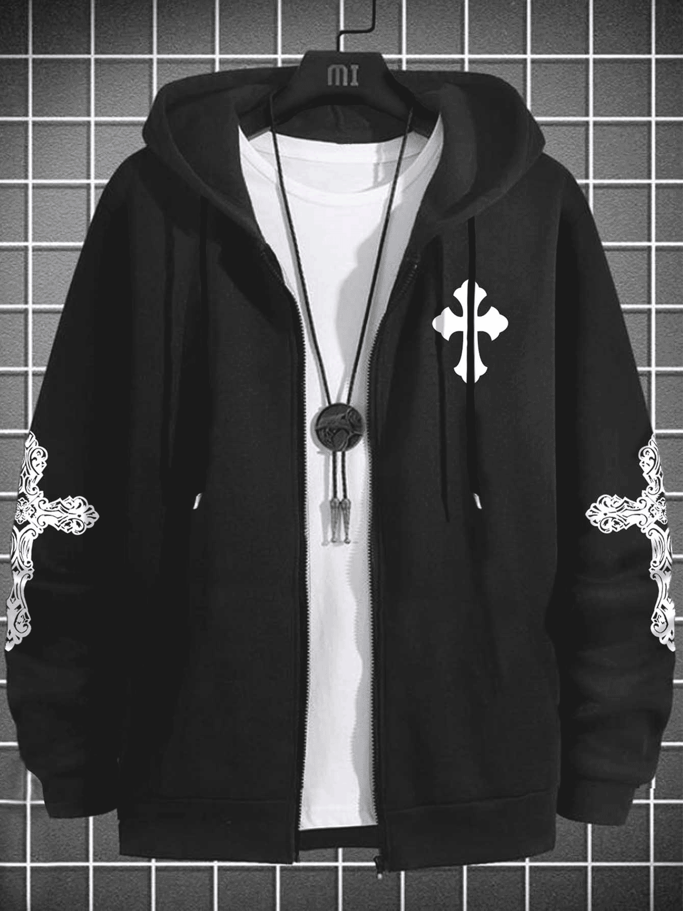 Manfinity EMRG Áo khoác nam in hình chữ thập có dây rút, trùm đầu cỡ lớn, Rapper, Tay dài, Đi chơi, Áo khoác mỏng - màu đen - Xem 8