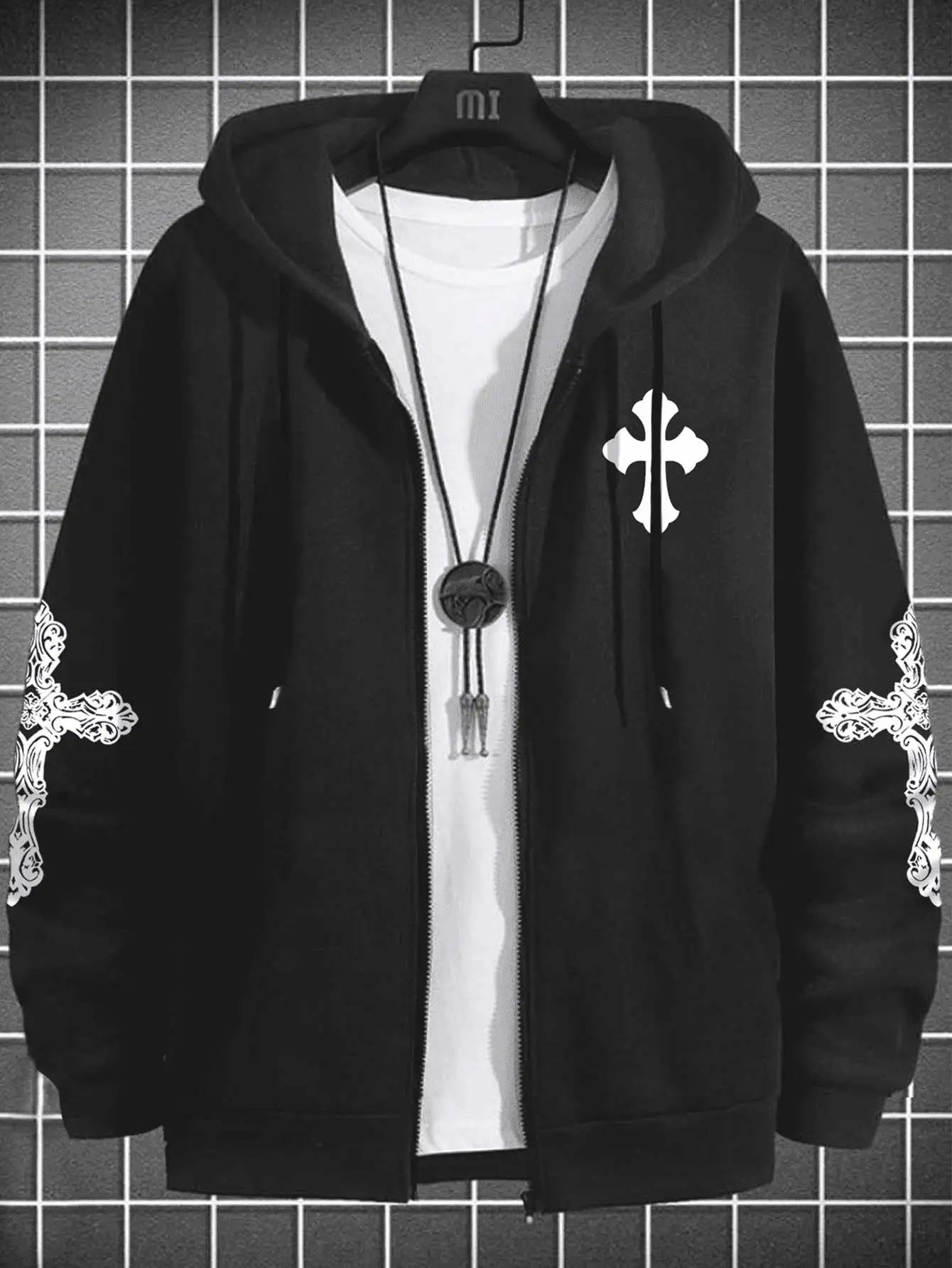 Manfinity EMRG Áo khoác nam in hình chữ thập có dây rút, trùm đầu cỡ lớn, Rapper, Tay dài, Đi chơi, Áo khoác mỏng - màu đen - Xem 8