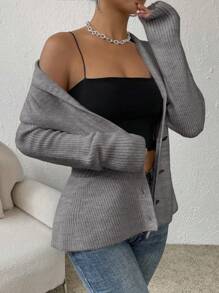 SHEIN Privé Solid Button Front Cardigan - Grey - View 5