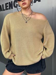 SHEIN EZwear Talla grande Jersey de cuello asimétrico de hombros caídos - Caqui - Ver 1