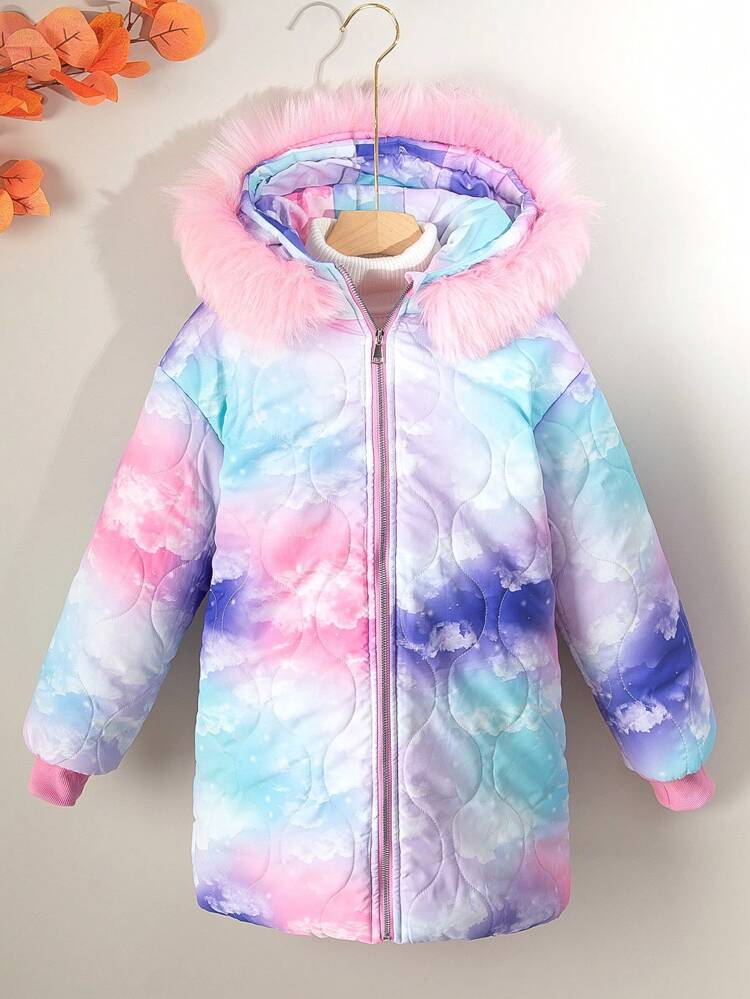 Tween Girl Tie Dye Fuzzy Trim Hooded Padded Coat Without Sweater