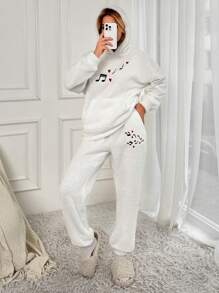 EURMUSE Heart Embroidery Drop Shoulder Teddy Hoodie & Pants - White - View 3