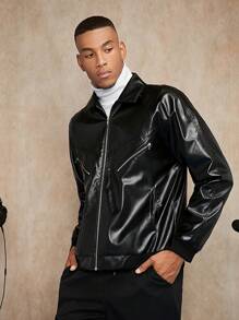 Manfinity Homme Loose-Fit Men's Zipper Pu Leather Jacket - Black - View 4