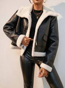 SHEIN Essnce 毛絨內襯PU皮革夾克