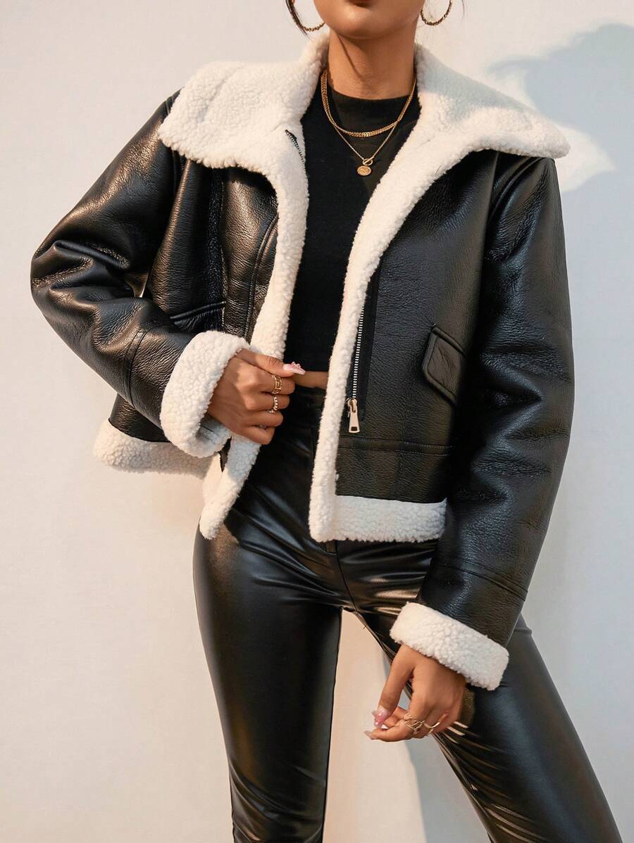 SHEIN Essnce 毛絨內襯PU皮革夾克