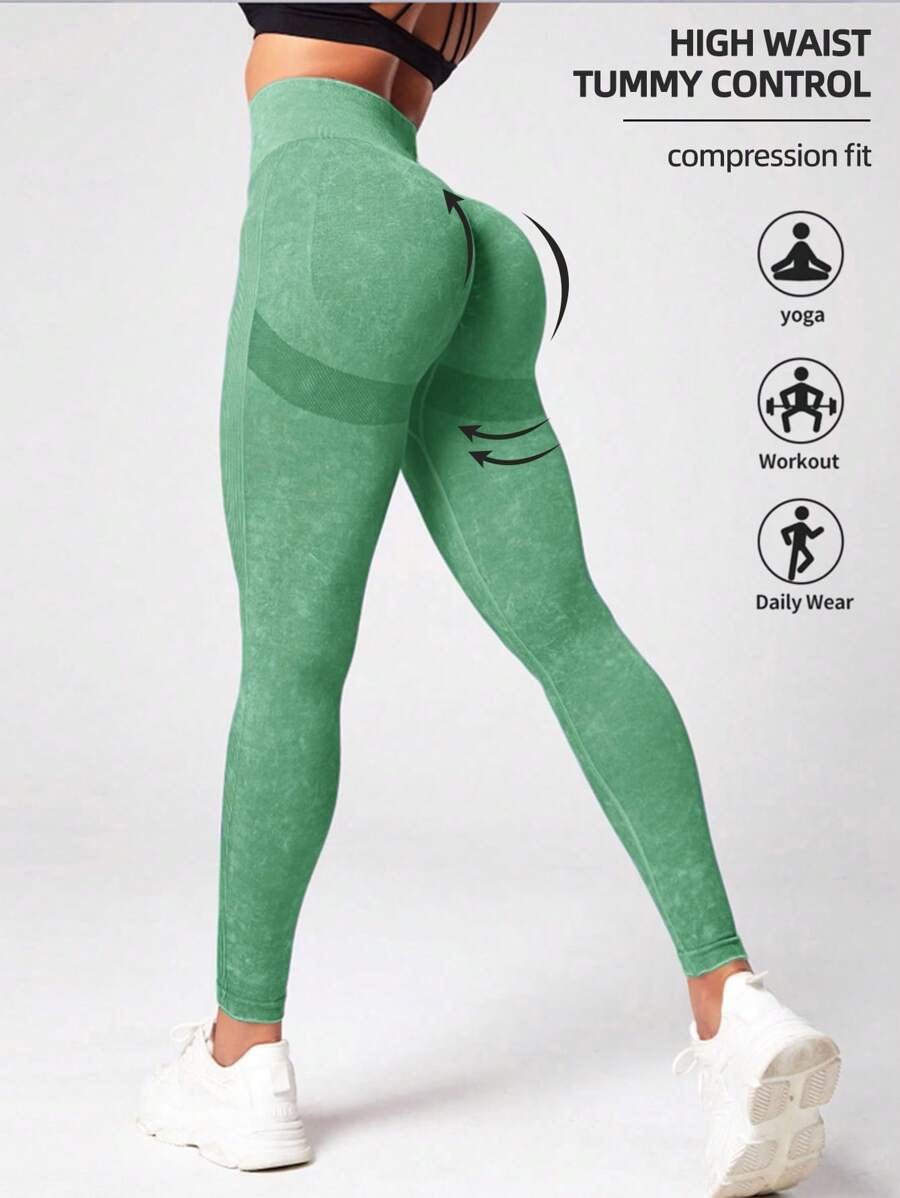 Yoga Trendy Tie Dye Tummy Control Sports Leggings - Green - View 1