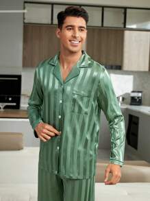 男士條紋鬆緊睡衣套裝,帶翻領 - 綠色 - 查看 3