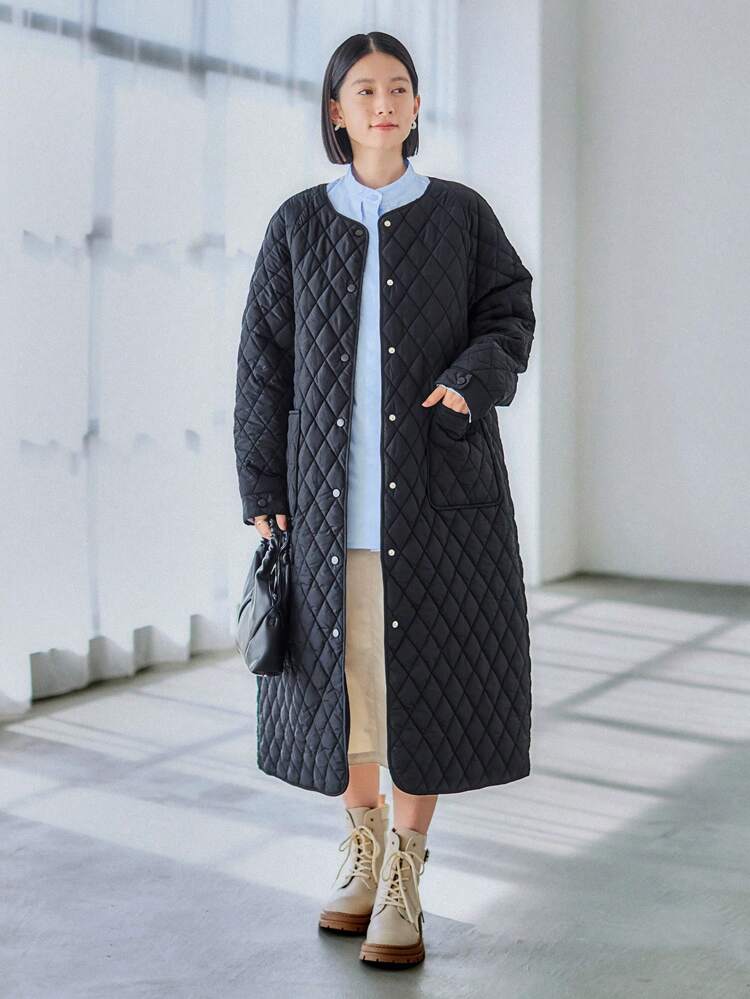 Button Front Patch Pocket Quilted Coat Winter