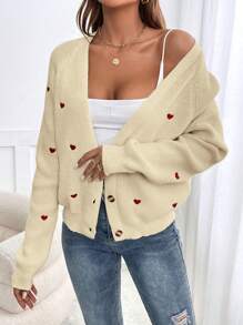 SHEIN Frenchy Thêu trái tim Tay Raglan Áo len Mở - Màu be - Xem 5