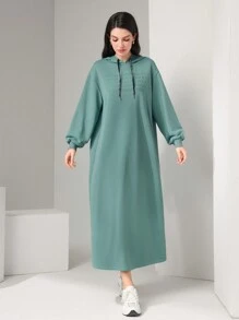 Mulvari Letter Embossed Drop Shoulder Drawstring Hooded Sweatshirt Dress,Long Sleeve Tops - Mint Green - View 2