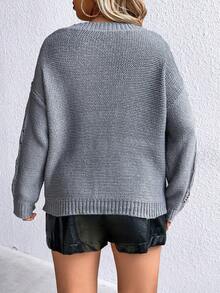 SHEIN Unity Plus Pointelle Knit Drop Shoulder Sweater Knit Pullover Fall Winter Sweater - Dusty Blue - View 3