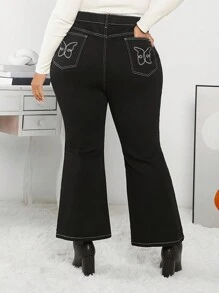 SHEIN CURVE+ Plus Size Butterfly Embroidered Flared Jeans - Black - View 3