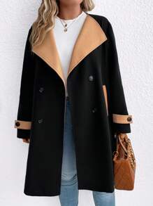 SHEIN LUNE 大碼拼接領雙排釦花呢外套 - 黑色 - 查看 3