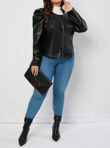 SHEIN LUNE Plus Gigot Sleeve PU Leather Jacket - Black - View 1
