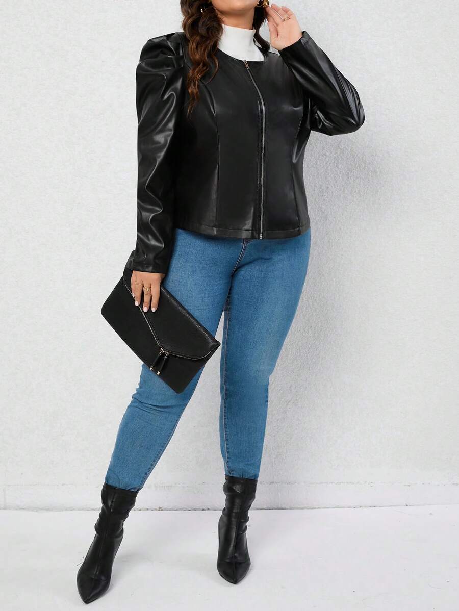 SHEIN LUNE Plus Gigot Sleeve PU Leather Jacket - Black - View 1