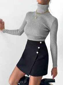 EURMUSE Women's Solid Color High Neck Raglan Sleeve Casual Fitted Ribbed Knit Sweater - Grey - View 4