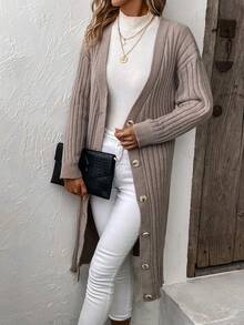 SHEIN LUNE 落肩袖前紐扣開襟衫 - 駝色 - 查看 5