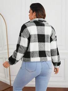 SHEIN Essnce Hơn Họa tiết kẻ sọc trâu Thả vai Áo Teddy Jackets - màu đen - Xem 2