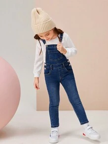 Chica Joven 1 pieza Petos mezclilla con bolsillo oblicuo - Azul lavado oscuro - Ver 3