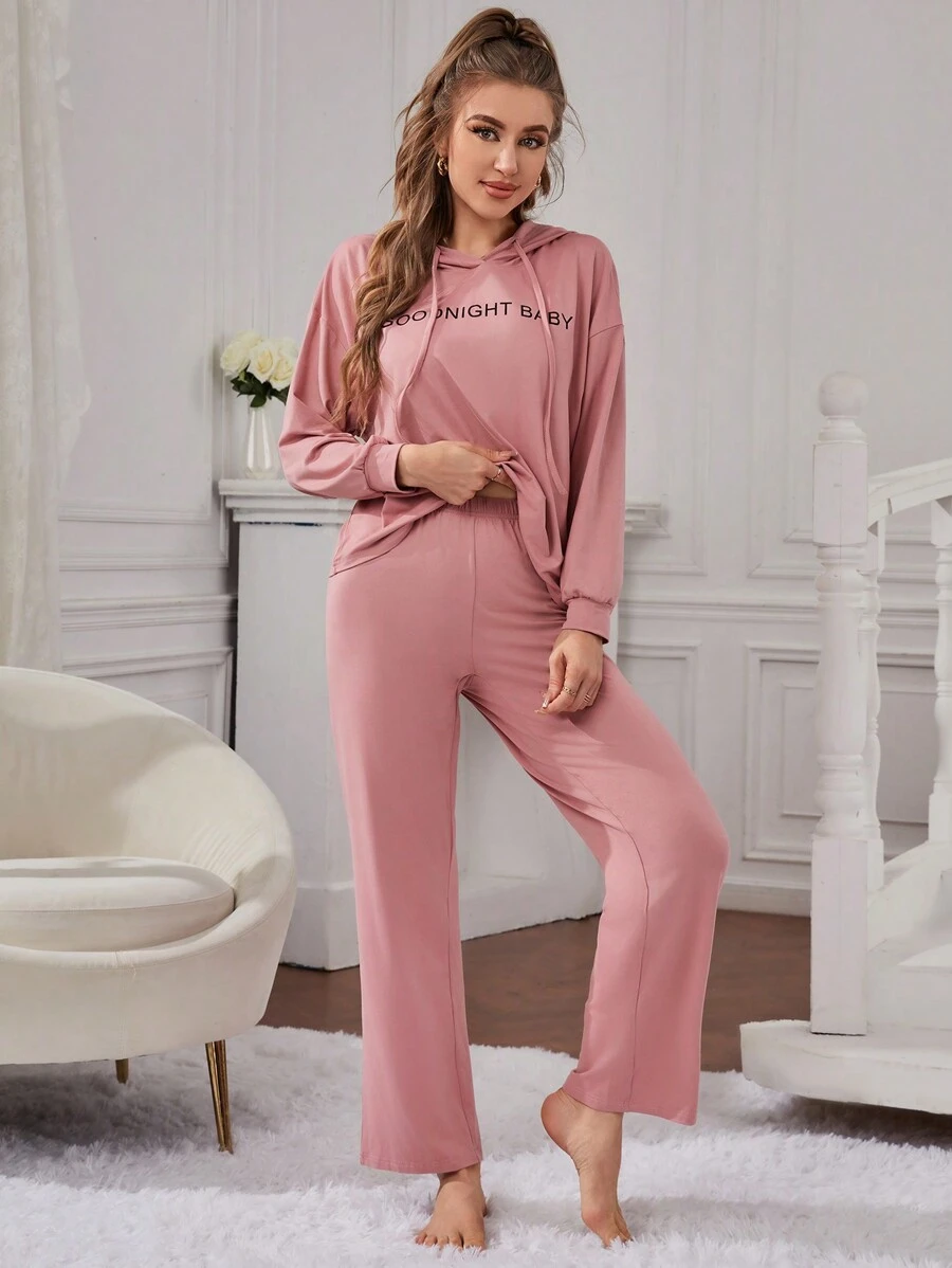 標語圖案落肩袖抽繩連帽休閒服套裝