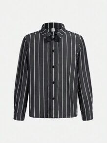 少年男童條紋印花蝴蝶前襯衫與吊帶褲 - 黑色 - 查看 6