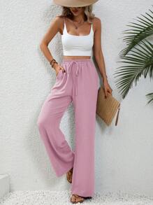 SHEIN LUNE Knot Waist Slant Pocket Wide Leg Pants Fall Cloth For Women - Dusty Pink - View 5